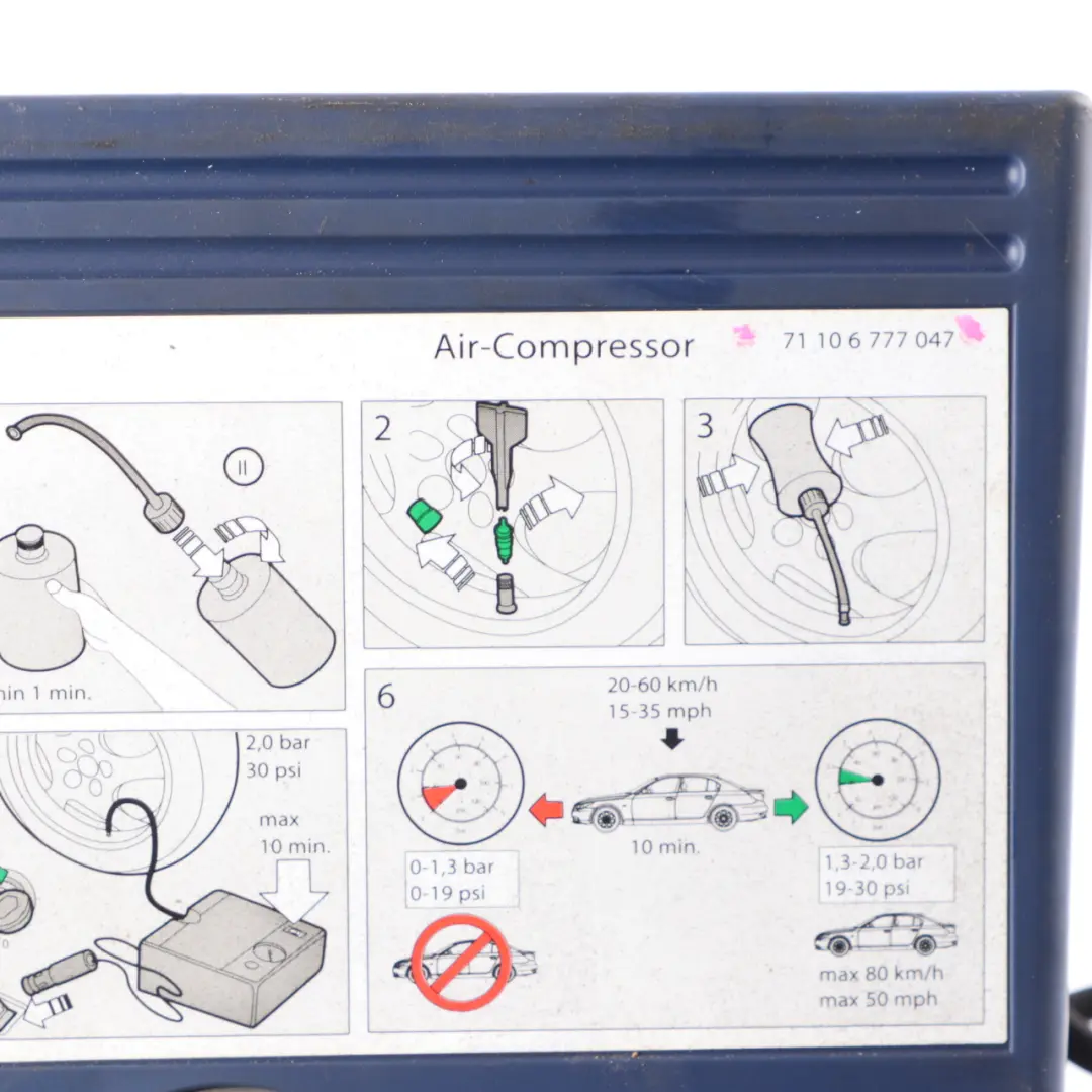 Tyre Inflation Air Compressor Pump to BMW F20 E81 E87 E60 E90 F10 X1 E84 with Part number 6777047 BMW F20 E81 E87 E60 E90 F10 X1 E84 Tyre Inflation Air Compressor Pump - SKU 6777047 - Part number 6777047