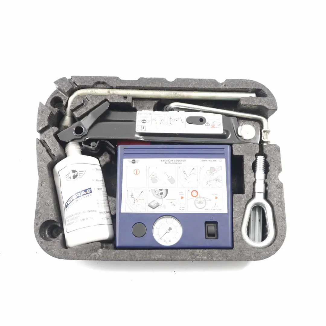 Service Kit Mini R56 R57 Compressor Tool Lifting Jack Tyre Sealant Storage to with Part number 6778554 Service Kit Mini R56 R57 Compressor Tool Lifting Jack Tyre Sealant Storage - SKU 6778554-6 - Part number 6778554