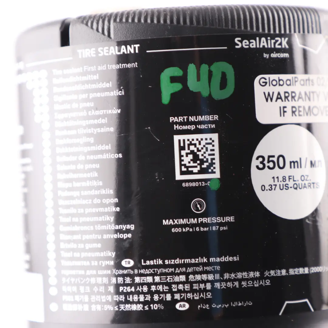 Puncture Tyre Sealant Sealer Tirefit Container to BMW F40 G20 G21 G30 G31 with Part number 6898013 BMW F40 G20 G21 G30 G31 Puncture Tyre Sealant Sealer Tirefit Container - SKU 6898013 - Part number 6898013