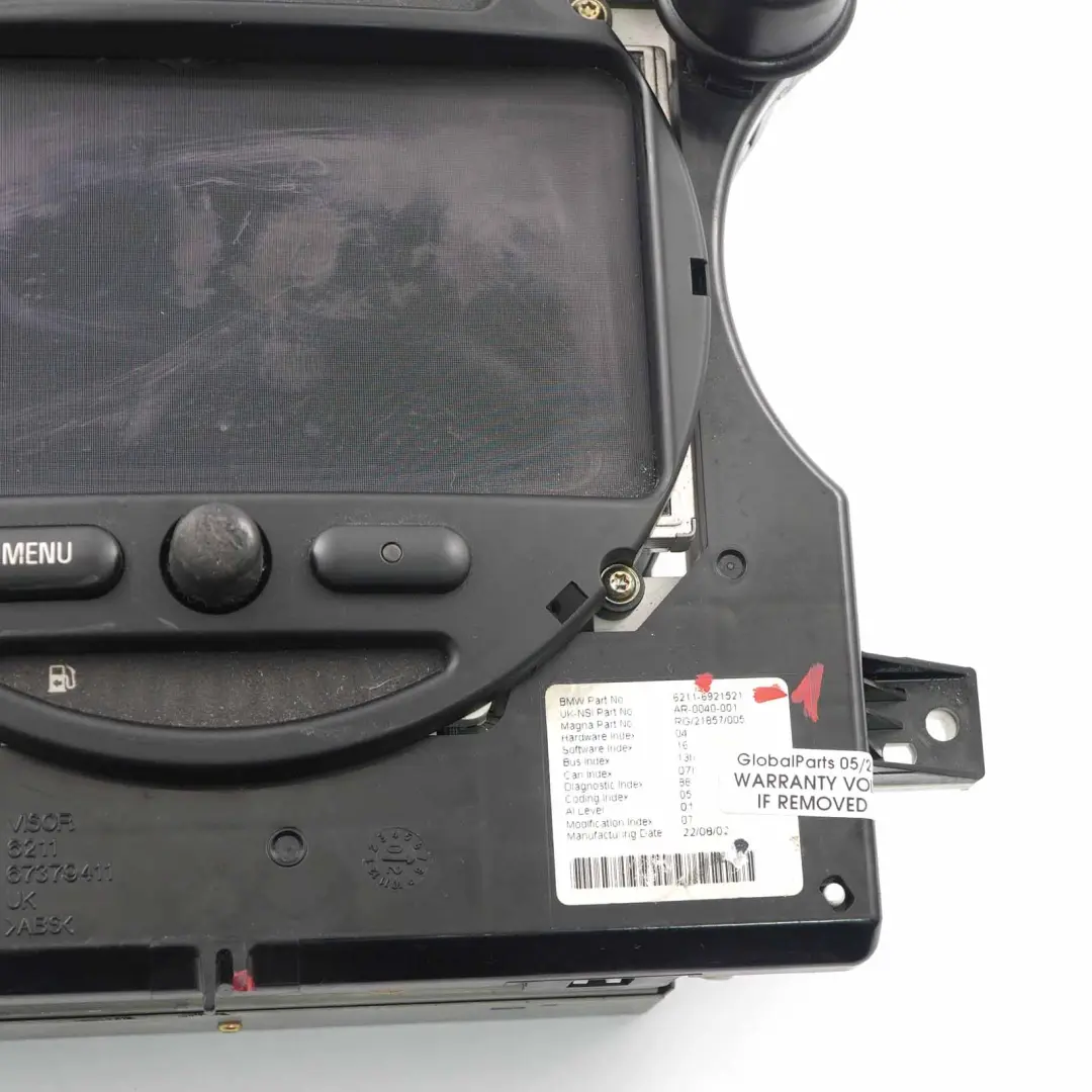 Pantalla de Navegación Panel de Instrumentos para Mini Cooper One R50 R53 con número de pieza 6921521 Mini Cooper One R50 R53 Pantalla de Navegación Panel de Instrumentos - SKU 6921521-1 - Número de pieza 6921521