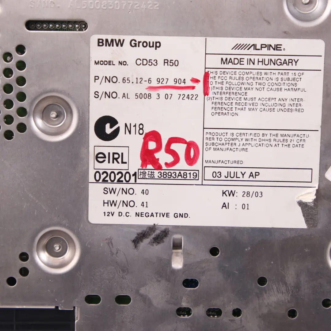 Radio Boost CD Player Head Unit Audio Control to Mini R50 R52 R53 with Part number 6927904 Mini R50 R52 R53 Radio Boost CD Player Head Unit Audio Control - SKU 6927904-1 - Part number 6927904