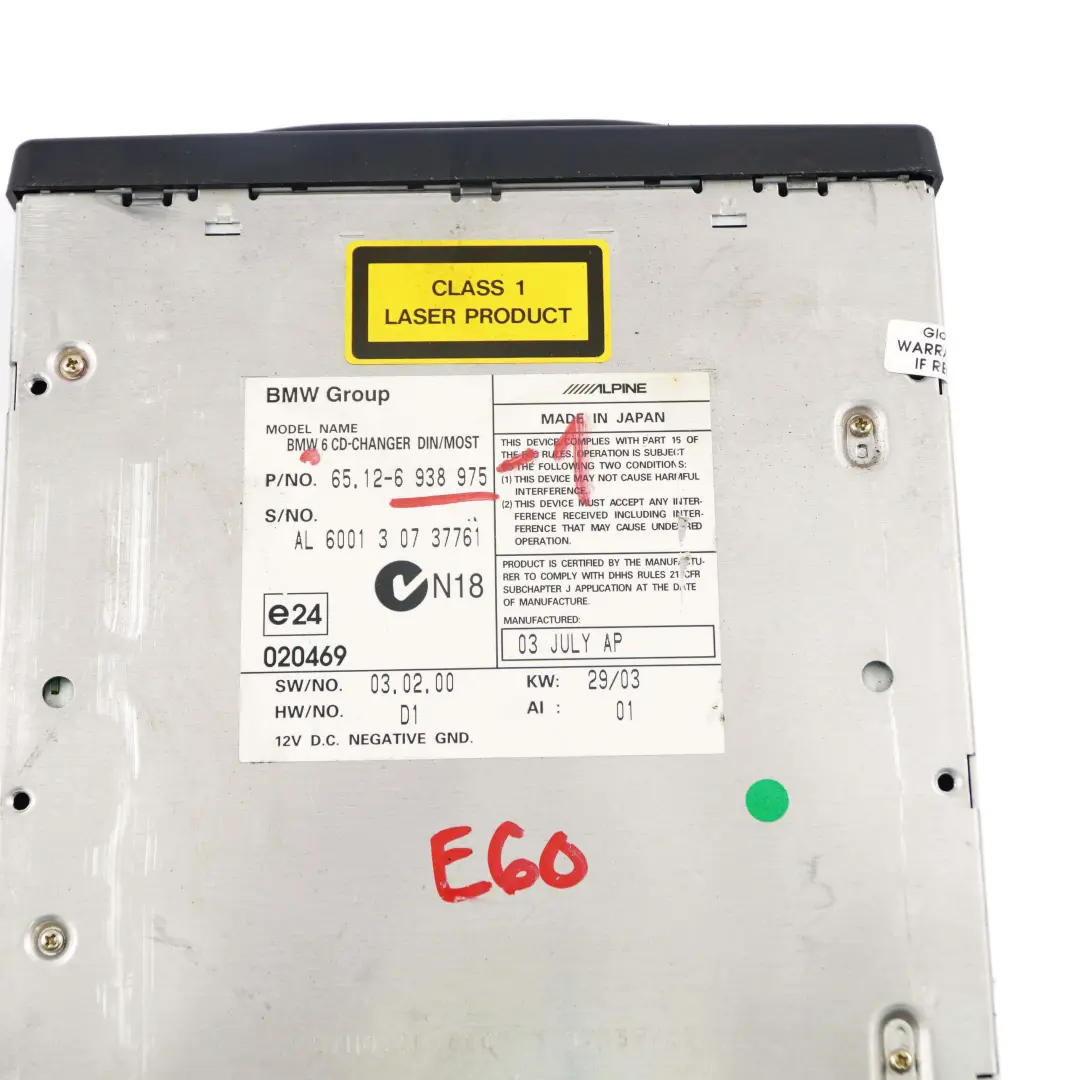 Changeur CD BMW E60 E61 E63 E64 Compact 6 Disques Magazine pour à propos du numéro de pièce 6938975 Changeur CD BMW E60 E61 E63 E64 Compact 6 Disques Magazine - SKU 6938975-1 - Numéro de pièce 6938975