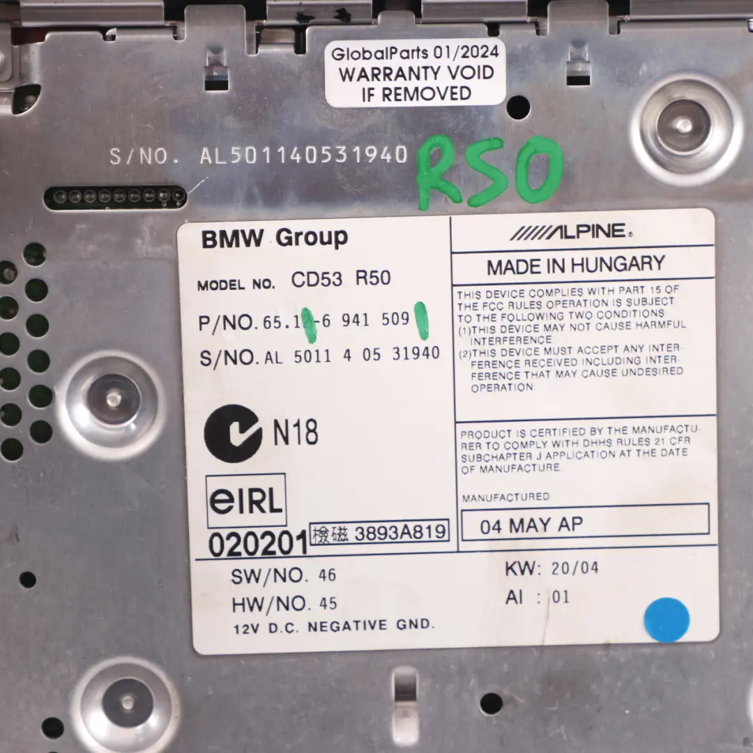 Radio Boost Lecteur CD Unité Principale pour Mini R50 R52 R53 à propos du numéro de pièce 6941509 Mini R50 R52 R53 Radio Boost Lecteur CD Unité Principale - SKU 6941509 - Numéro de pièce 6941509