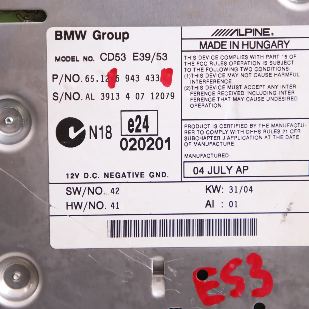 BMW E39 X5 E53 Radio Business CD Audio Player Unit - SKU 6943433 - Part number 6943433