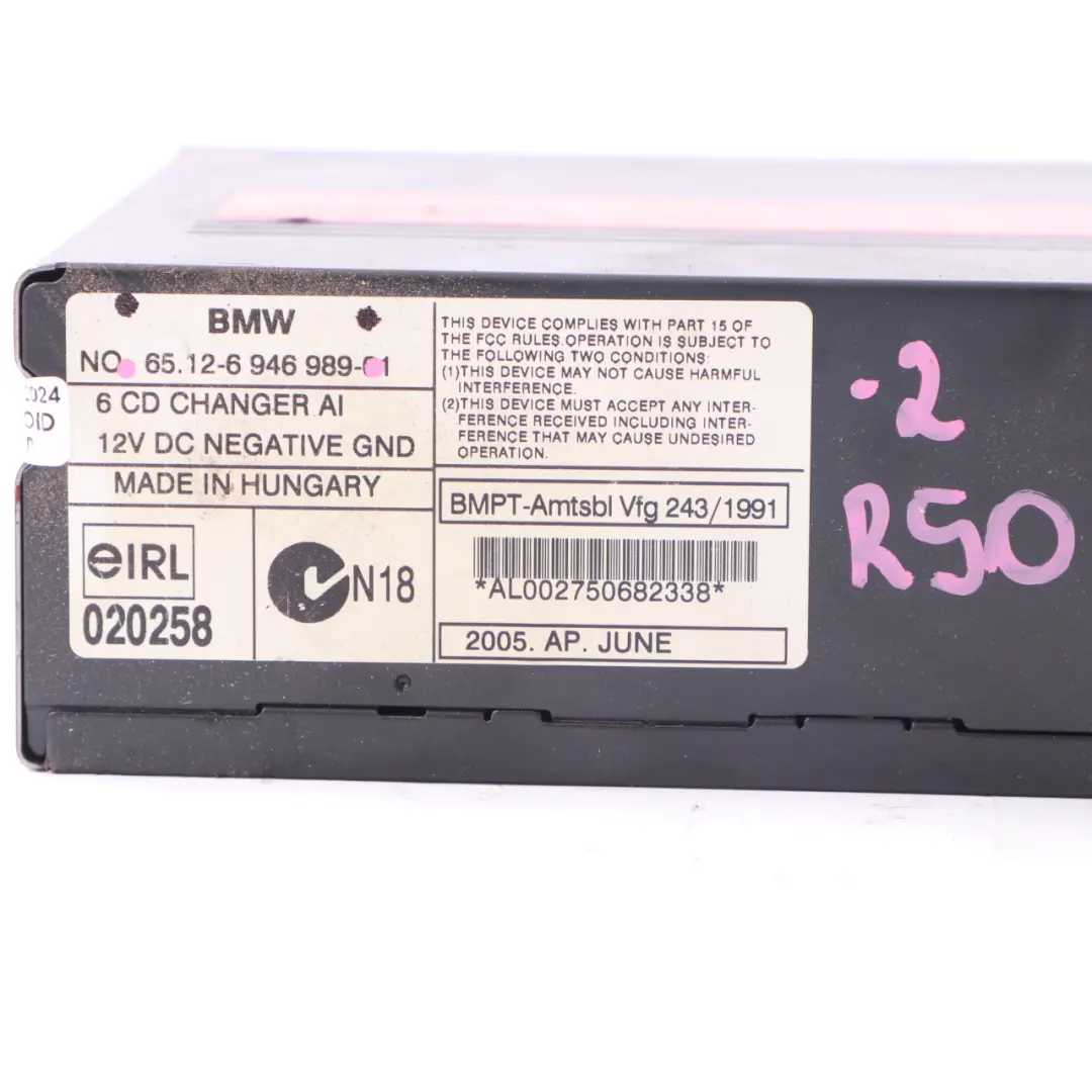 Cargador múltiple de 6 CD con cargador para Mini R50 R52 R53 con número de pieza 6946989 Mini R50 R52 R53 Cargador múltiple de 6 CD con cargador - SKU 6946989-2 - Número de pieza 6946989