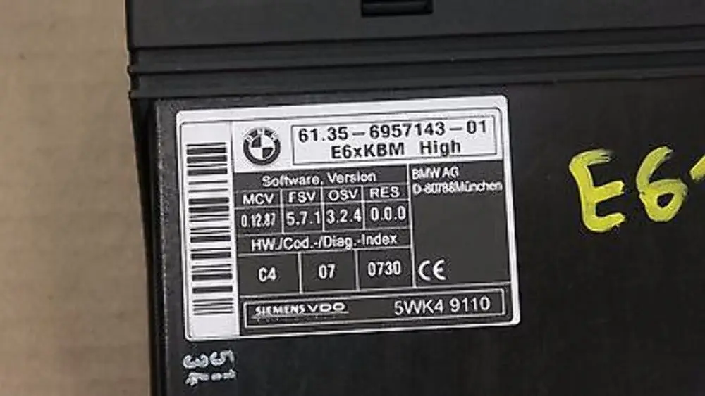 Body Control Module ECU Control Unit KBM High to BMW 5 Series E61 Touring with Part number 6957143 BMW 5 Series E61 Touring Body Control Module ECU Control Unit KBM High - SKU 6957143 - Part number 6957143