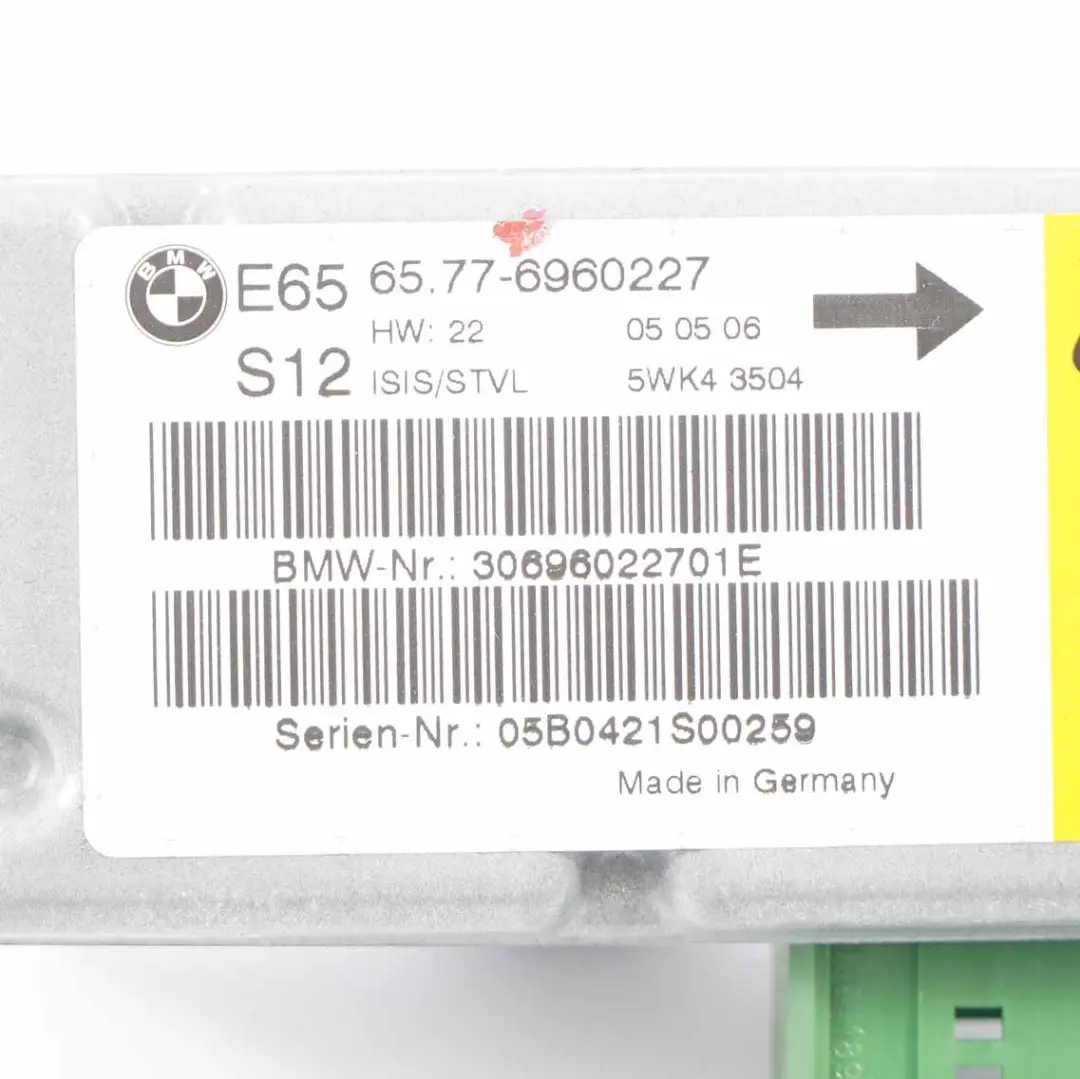 BMW E65 E66 Sensor Airbag Puerta Delantera Izquierda Módulo Airbag - SKU 6960227 - Número de pieza 6960227