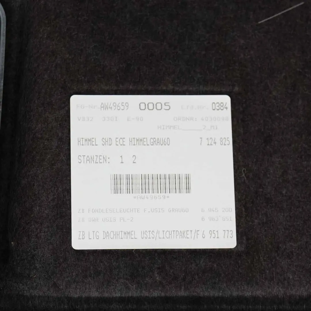 Podsufitka Szara Szyberdach do BMW E90 Sedan o numerze 6960554 BMW E90 Sedan Podsufitka Szara Szyberdach - SKU 6960554 - Numer Części 6960554