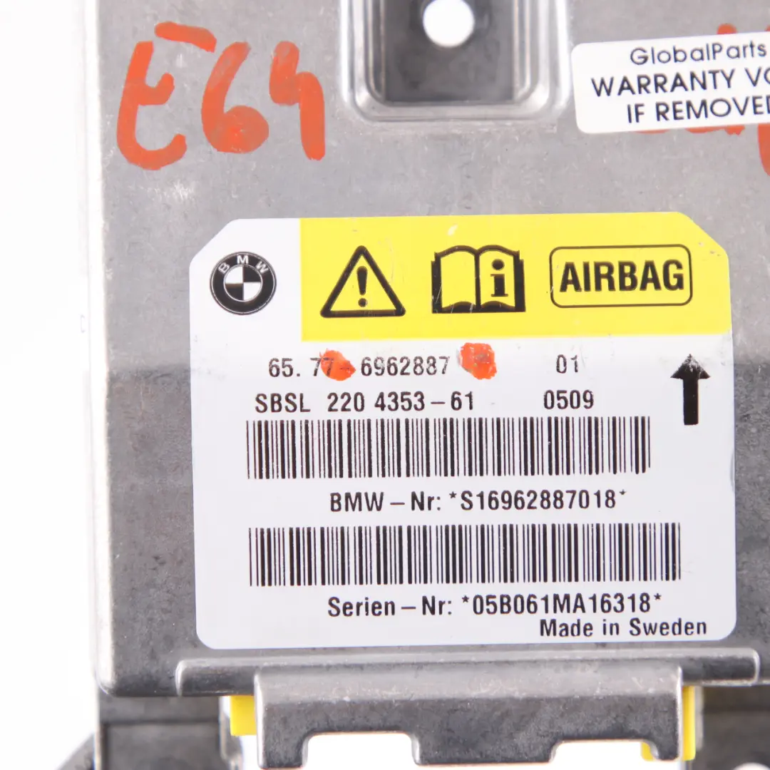 Module Sensor BMW Z4 E85 E64 B-Pillar Left N/S Crash Module ECU to Air with Part number 6962887 Air Module Sensor BMW Z4 E85 E64 B-Pillar Left N/S Crash Module ECU - SKU 6962887 - Part number 6962887