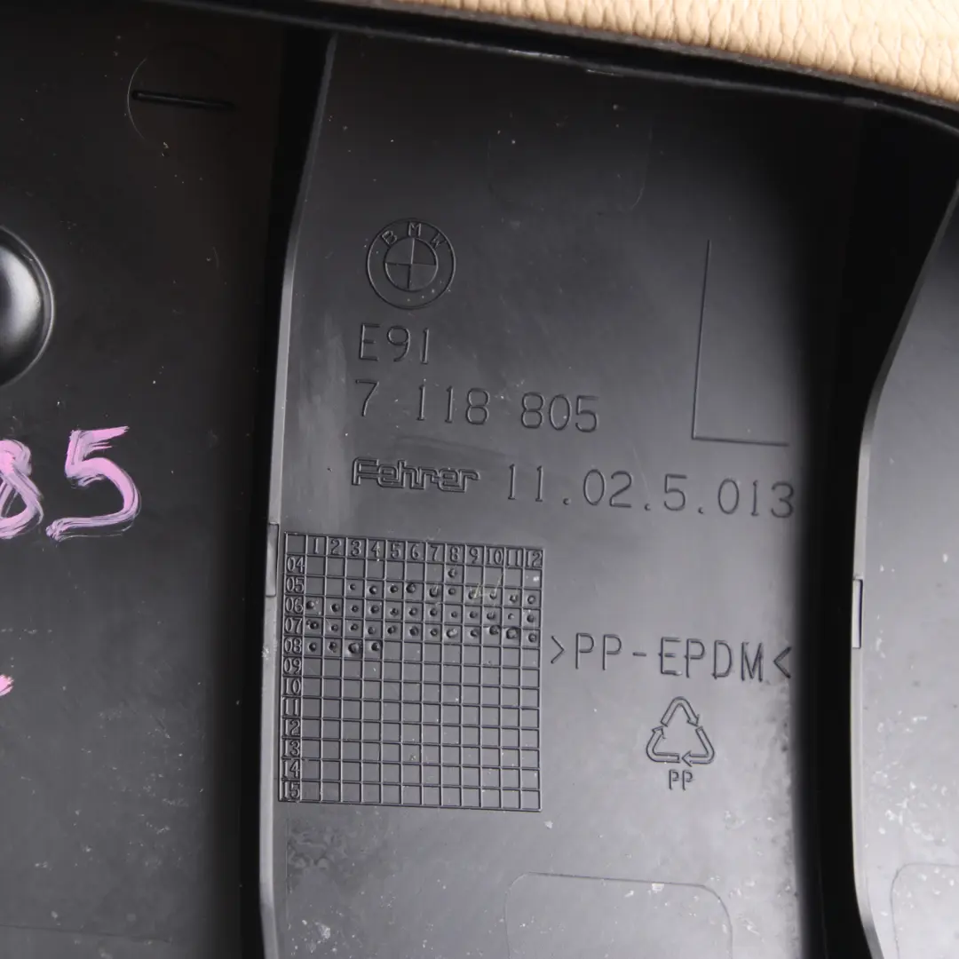 Side Finisher Rear Seat Bench Left N/S Touring Leather Beige to BMW E91 LCI with Part number 6971685 BMW E91 LCI Side Finisher Rear Seat Bench Left N/S Touring Leather Beige - SKU 6971685 - Part number 6971685