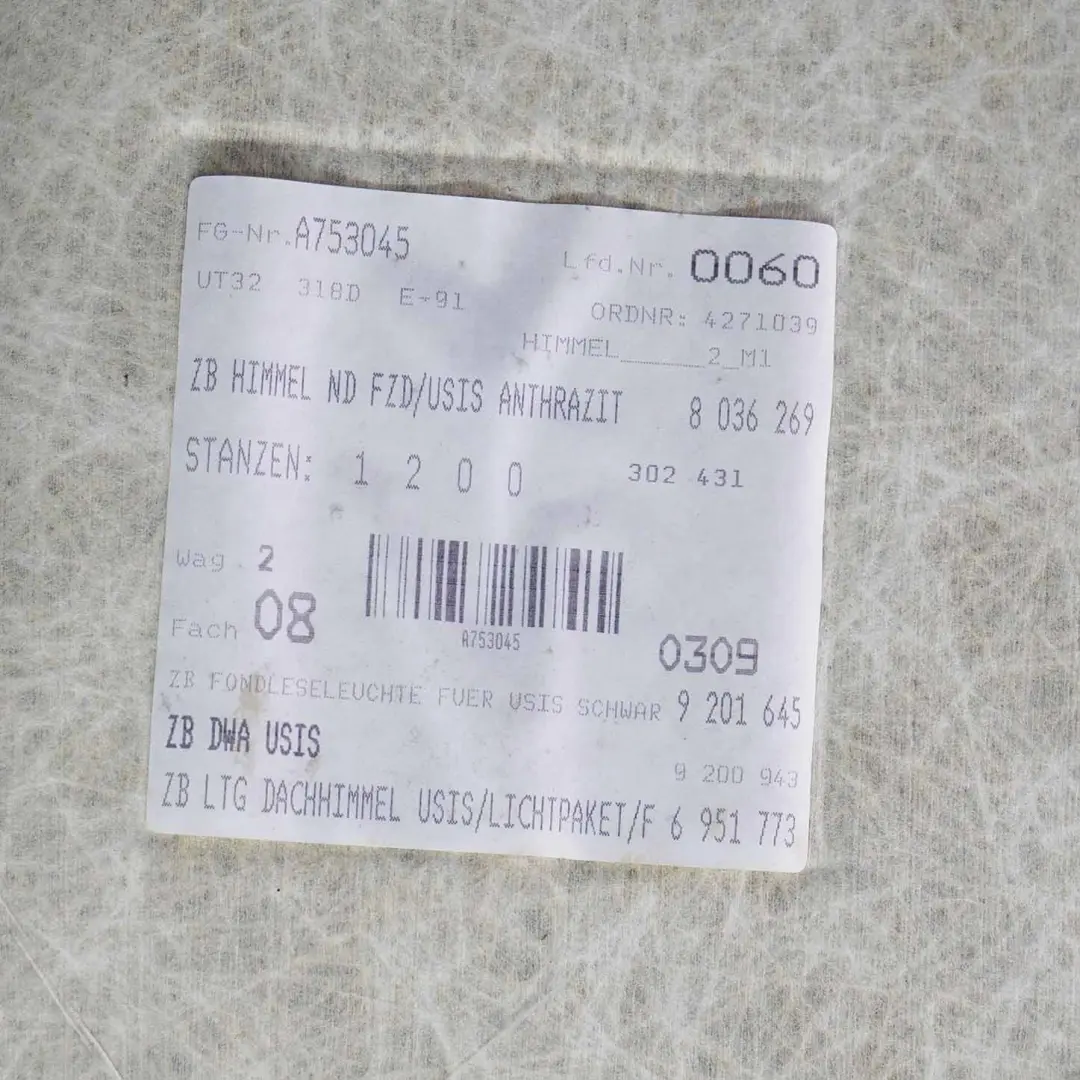 Podsufitka Czarna M Pakiet do BMW E91 Kombi o numerze 6982762 BMW E91 Kombi Podsufitka Czarna M Pakiet - SKU 6982762 - Numer Części 6982762