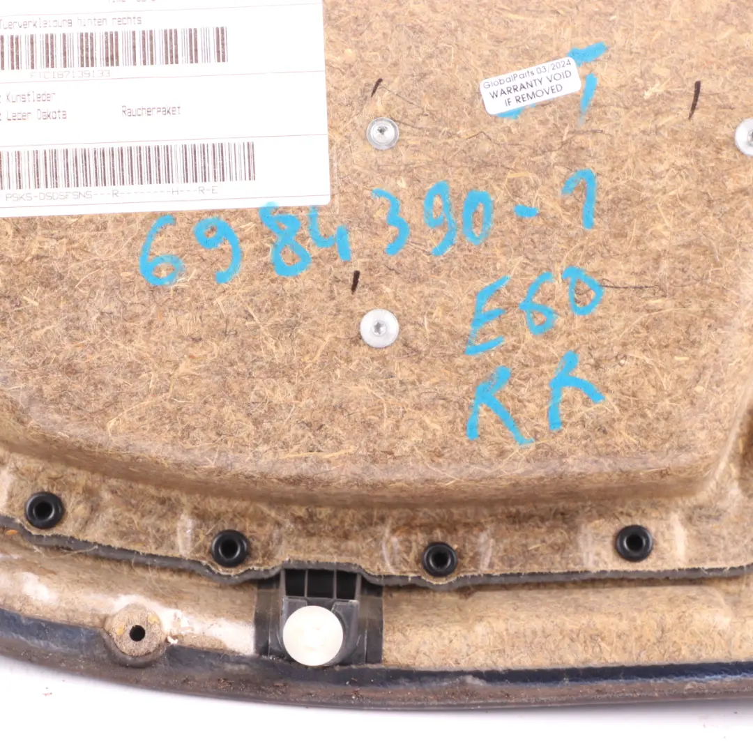 Right O/S Door Card Lining Leather Panel Black 6984390 to BMW E60 E61 LCI Rear with Part number 6984389 BMW E60 E61 LCI Rear Right O/S Door Card Lining Leather Panel Black 6984390 - SKU 6984390-1 - Part number 6984389