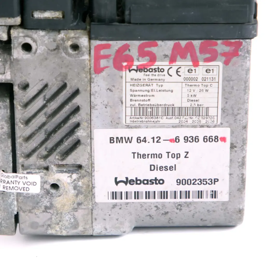 Webasto Additional Auxiliary Heater 6936668 to BMW 7 Series E65 E66 Diesel with Part number 6986232 BMW 7 Series E65 E66 Diesel Webasto Additional Auxiliary Heater 6936668 - SKU 6986232 - Part number 6986232