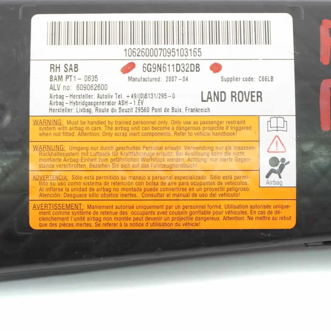 Land Rover Freelander 2 Siège Avant Droit Airbag Latéral - SKU 6G9N611D32DB - Numéro de pièce 6G9N611D32DB