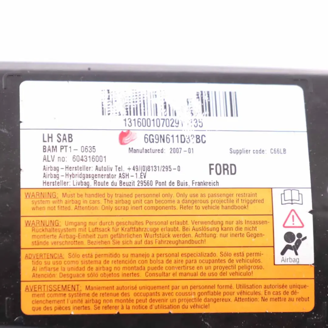 Ford Galaxy S-Max Mondeo MK4 Front Left Seat N/S Side Airbag - SKU 6G9N611D33BC - Part number 6G9N611D33BC