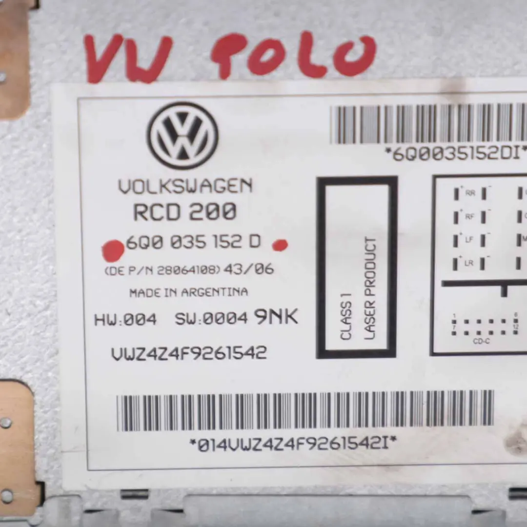 Radio CD Spieler Stereo Audio Hauptgerät VW Volkswagen Polo 4 9N - SKU 6Q0035152D - Teilenummer 6Q0035152D