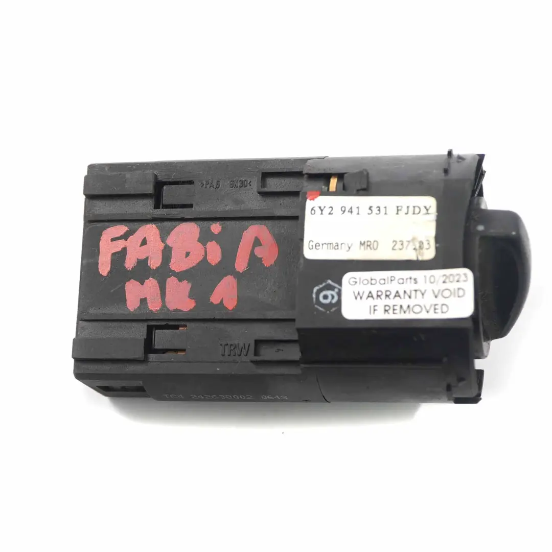Skoda Fabia MK1 Faro Interruttore Pulsante Unità Nero - SKU 6Y0941531 - Numero di parte 6Y0941531