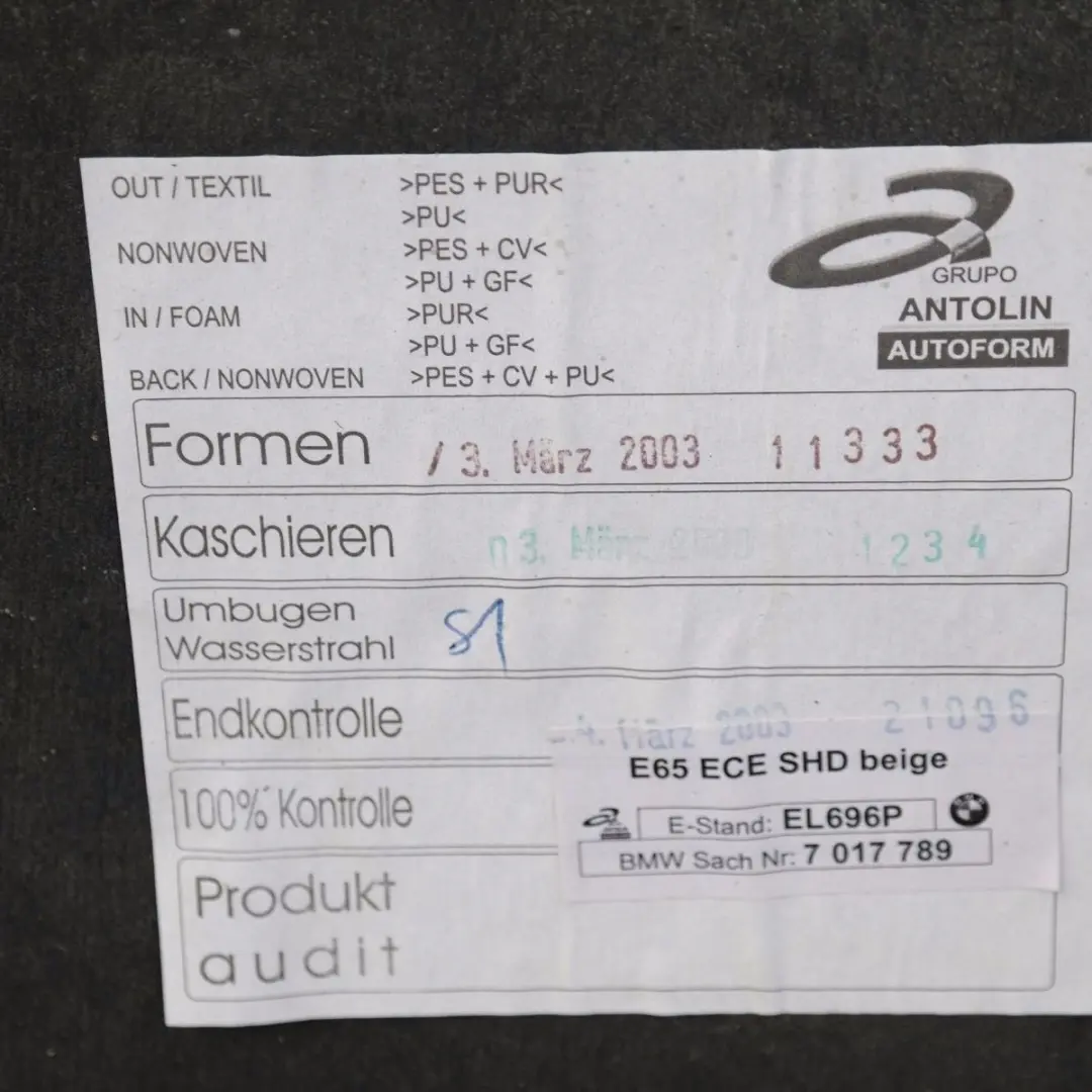 Headlining Roof Lining For Sliding Lifting Roof Beige to BMW 7 SERIES E65 with Part number 51447017789 BMW 7 SERIES E65 Headlining Roof Lining For Sliding Lifting Roof Beige - SKU 7017789 - Part number 51447017789