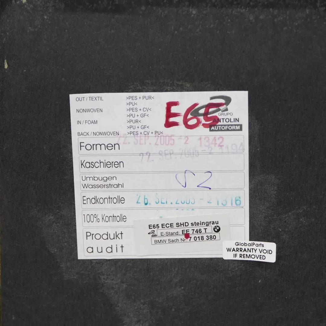 Headlining Lining Moulded Roof Cover Trim Steingrau Grey to BMW E65 with Part number 7018380 BMW E65 Headlining Lining Moulded Roof Cover Trim Steingrau Grey - SKU 7018380 - Part number 7018380