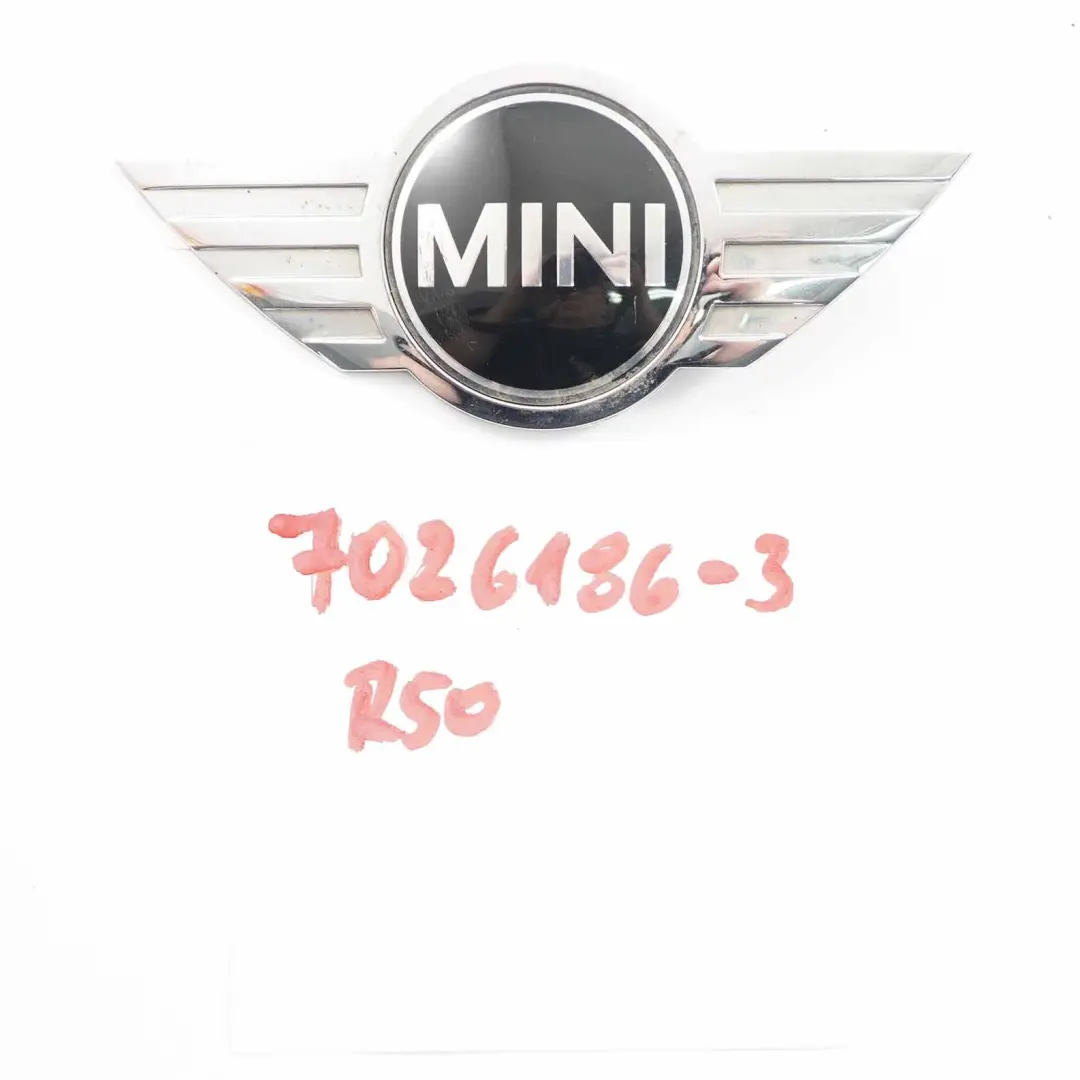 Genuine Rear Tailgate Badge Emblem Chrome to Mini Cooper One R50 R53 R56 R57 3 with Part number 7026186 Mini Cooper One R50 R53 R56 R57 3 Genuine Rear Tailgate Badge Emblem Chrome - SKU 7026186-3 - Part number 7026186