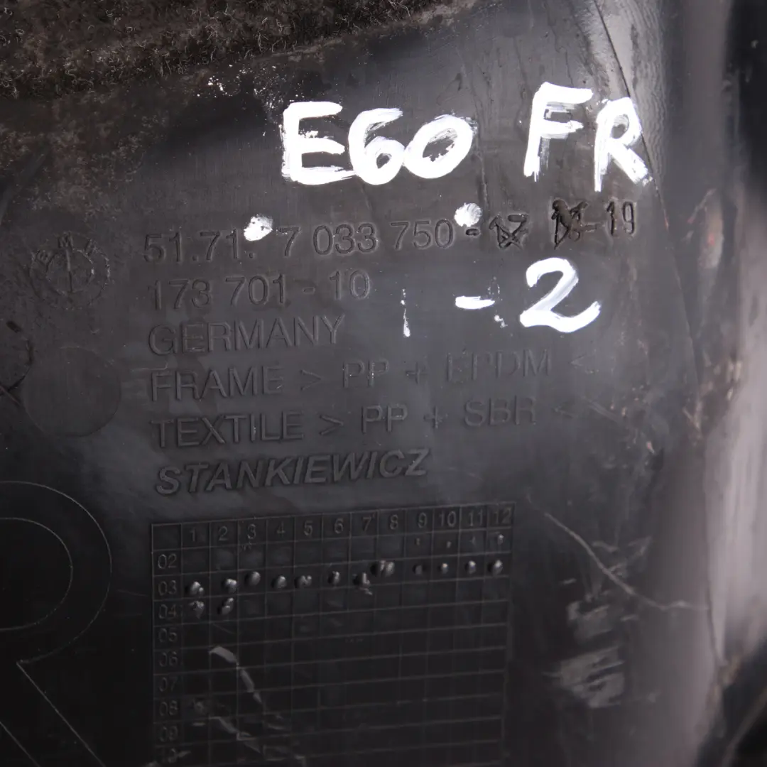 Front Right O/S Wheel Arch Cover Housing Splash Guard to BMW E60 E61 with Part number 7033750 BMW E60 E61 Front Right O/S Wheel Arch Cover Housing Splash Guard - SKU 7033750-2 - Part number 7033750