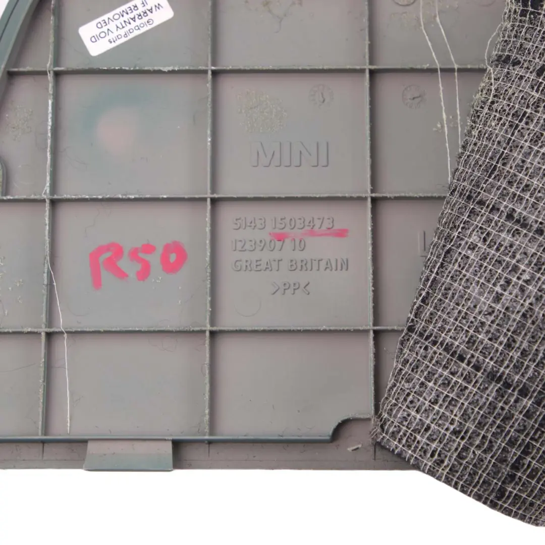 Lateral Trim Panel Boot Left N/S Emerald Green to MINI Cooper R50 Cover with Part number 1503473 MINI Cooper R50 Cover Lateral Trim Panel Boot Left N/S Emerald Green - SKU 7034427 - Part number 1503473