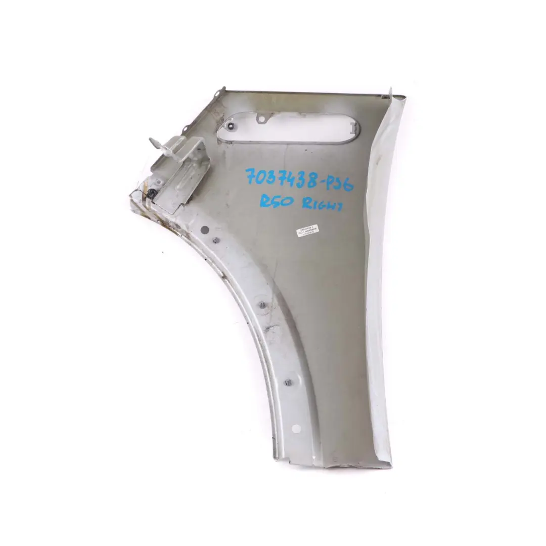 Front Right O/S Side Panel Fender Wing Pure Silver to Mini Cooper One 6 R50 R53 with Part number 7037438 Mini Cooper One 6 R50 R53 Front Right O/S Side Panel Fender Wing Pure Silver - SKU 7037438-PS6 - Part number 7037438