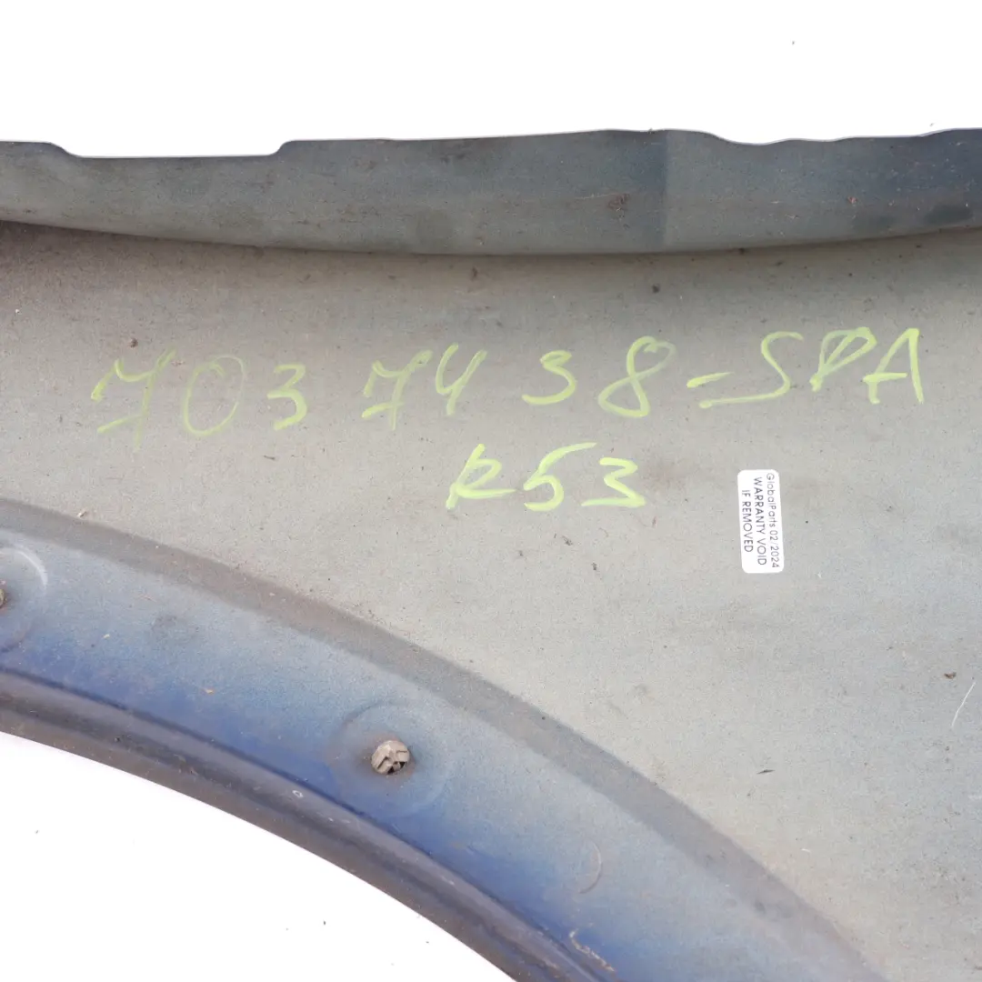Side Panel Mini R50 R52 R53 Front Right O/S Fender Wing Space Blue Metallic A49 to with Part number 7037438 Side Panel Mini R50 R52 R53 Front Right O/S Fender Wing Space Blue Metallic A49 - SKU 7037438-SPA - Part number 7037438