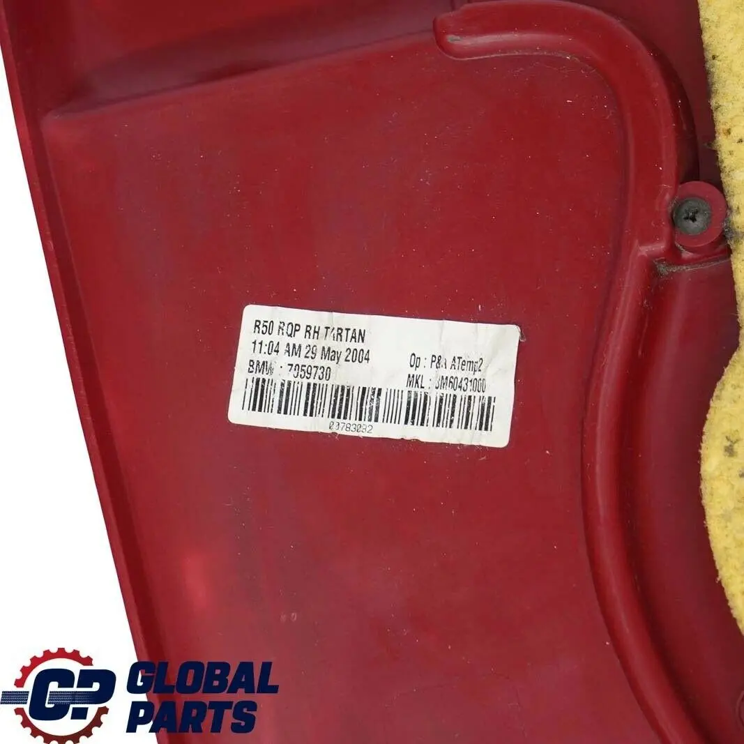 Right O/S Lateral Trim Side Panel Tartan Red to BMW Mini Cooper R50 R53 Rear with Part number 7059730 BMW Mini Cooper R50 R53 Rear Right O/S Lateral Trim Side Panel Tartan Red - SKU 7059730 - Part number 7059730