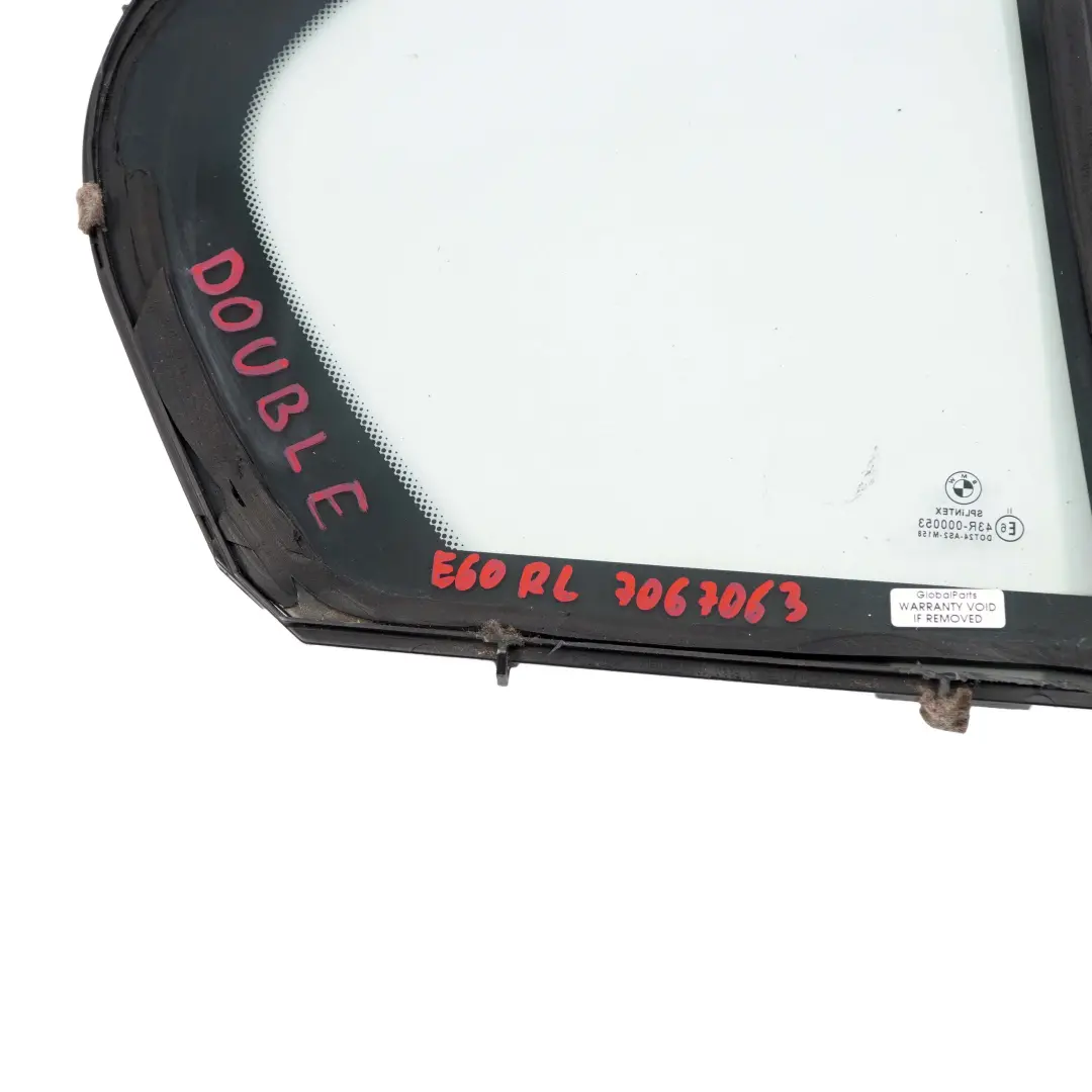 Window BMW E60 Door Fixed Double Glass Green Side Left N/S AS2 to Rear with Part number 7067063 Rear Window BMW E60 Door Fixed Double Glass Green Side Left N/S AS2 - SKU 7067063 - Part number 7067063