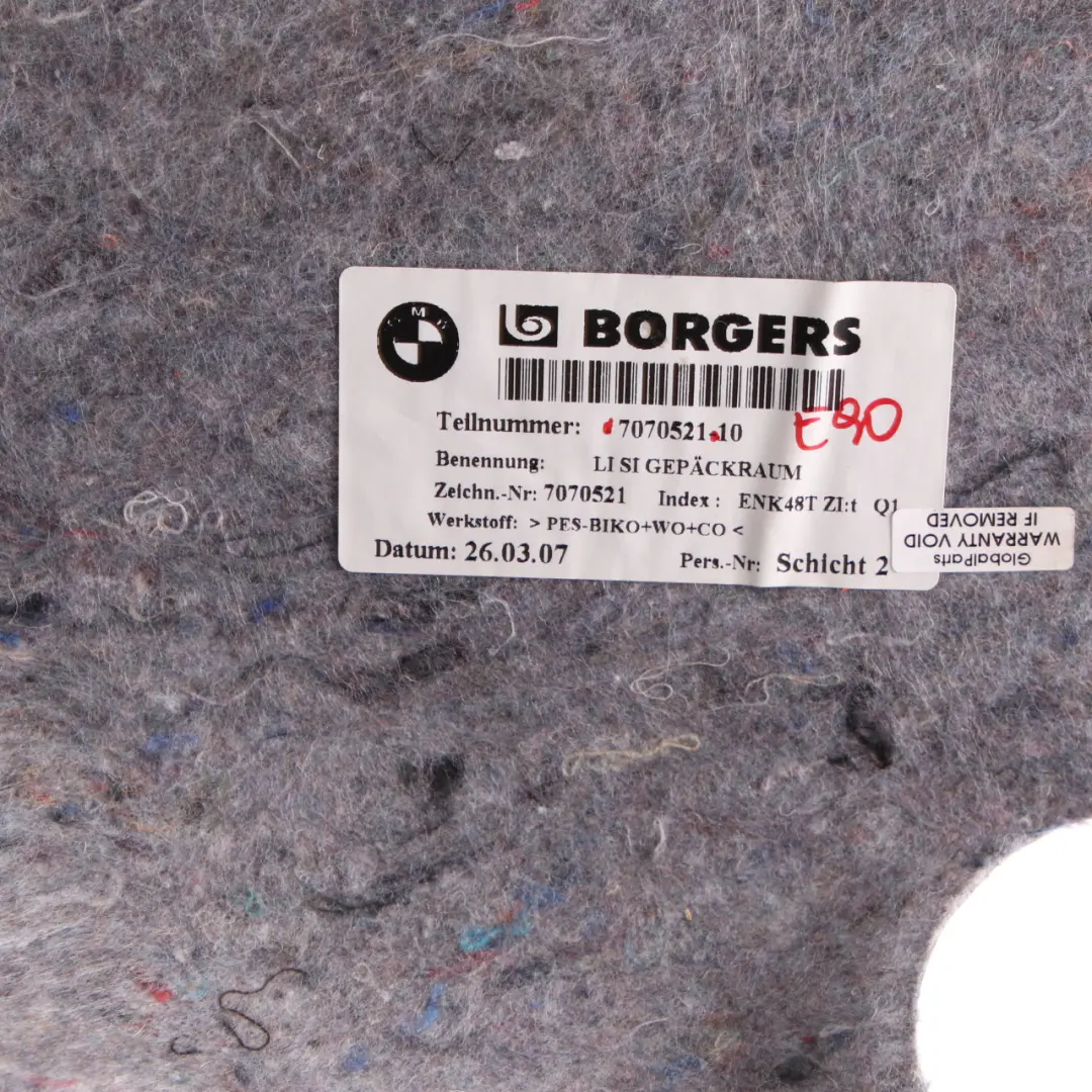 Sound Insulation Boot Trunk Room Left N/S Insulation Cover to BMW E90 with Part number 7070521 BMW E90 Sound Insulation Boot Trunk Room Left N/S Insulation Cover - SKU 7070521 - Part number 7070521