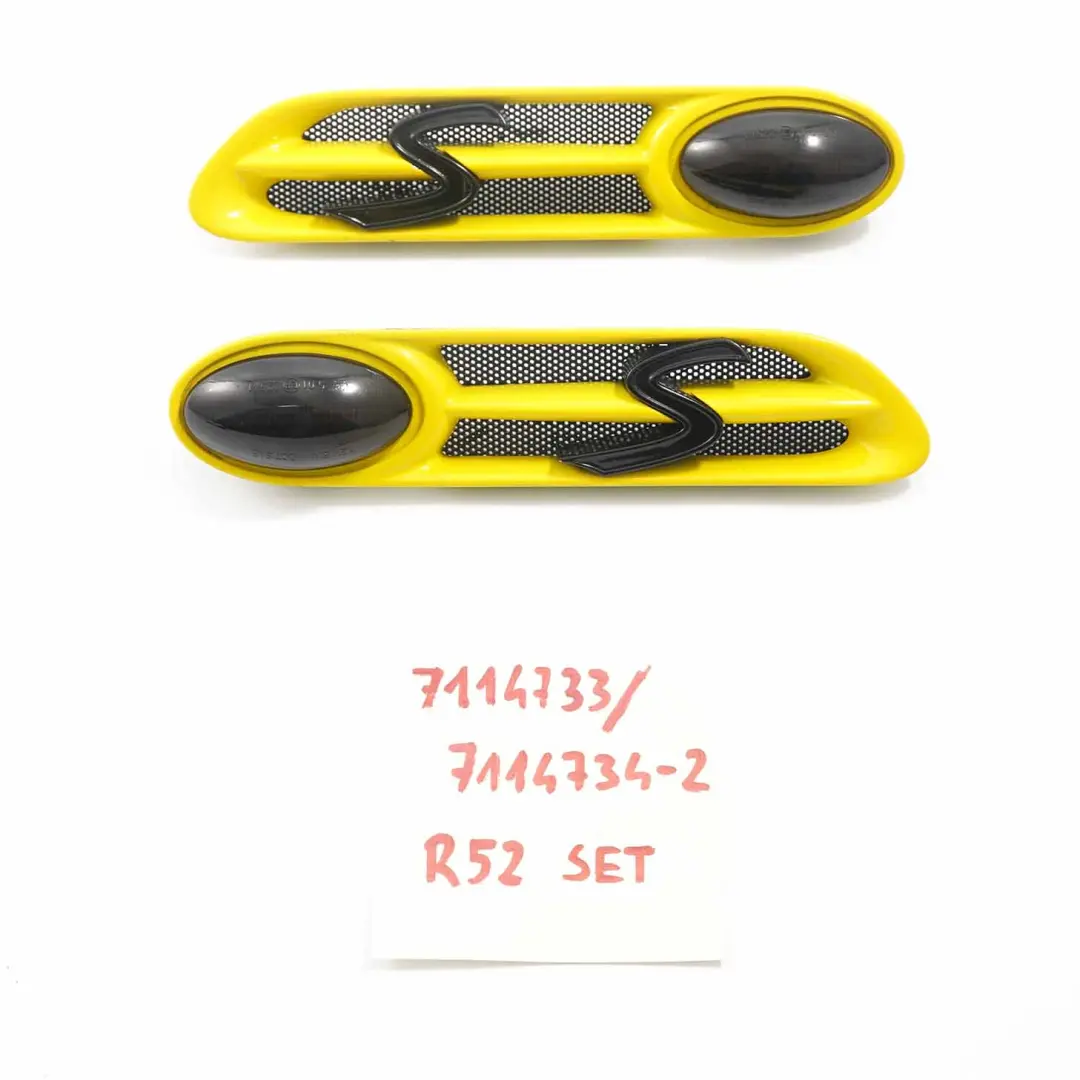Finisher Indicator Panel Trim Anteriore Sinistro Destro Giallo Set per Mini R52 R53 con numero di parte 7114733 Mini R52 R53 Finisher Indicator Panel Trim Anteriore Sinistro Destro Giallo Set - SKU 7114733 / 7114734-2 - Numero di parte 7114733
