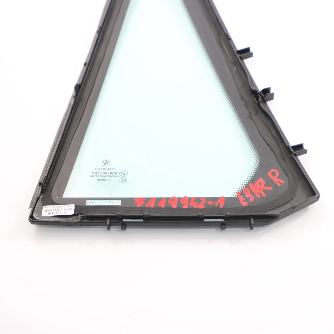 Door Fixed Window Triangle Right O/S Green AS2 to BMW E91 E91 LCI Rear with Part number 7119942 BMW E91 E91 LCI Rear Door Fixed Window Triangle Right O/S Green AS2 - SKU 7119942-1 - Part number 7119942