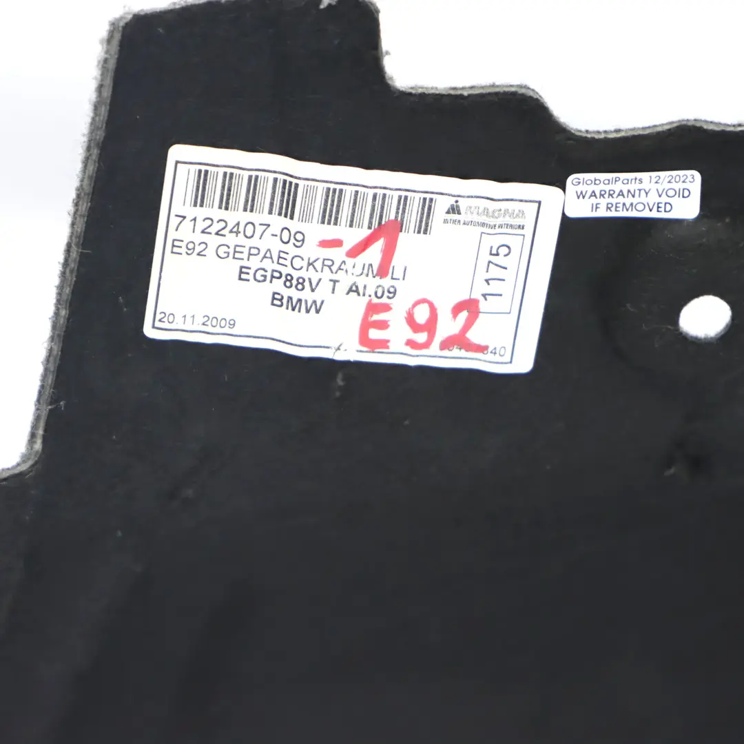 BMW E92 Lateral Panel Left N/S Trunk Boot Trim Piece Carpet Grey - SKU 7122407-1 - Part number 7122407