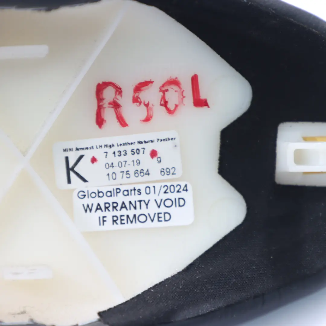 Armrest Leather Door Trim Left Panel N/S Panther Black to Mini R50 R52 with Part number 7133507 Mini R50 R52 Armrest Leather Door Trim Left Panel N/S Panther Black - SKU 7133507 - Part number 7133507