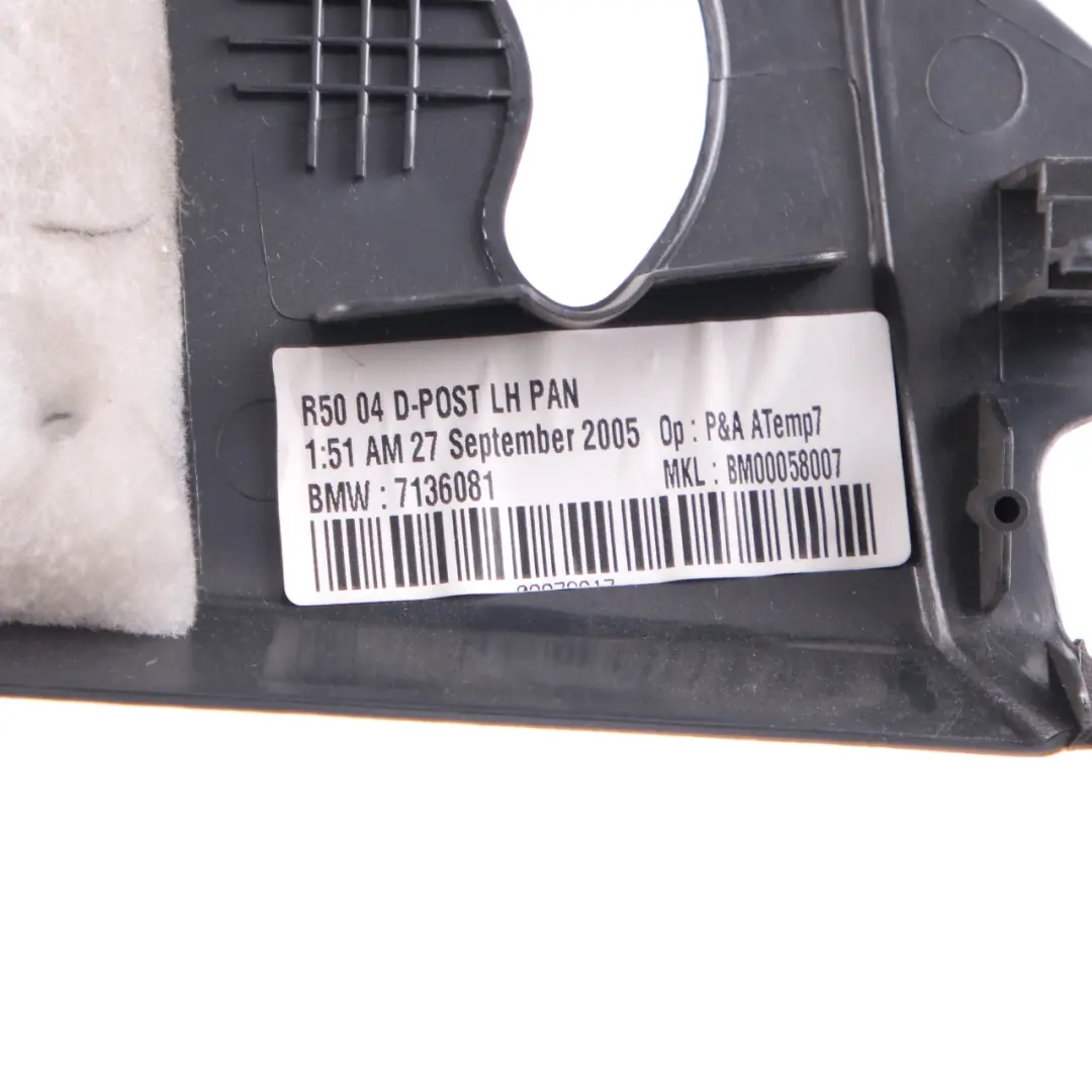 Säulenabdeckung Säulenverkleidung links Panther Schwarz für Mini R50 R53 D mit Teilenummer 7136081 Mini R50 R53 D Säulenabdeckung Säulenverkleidung links Panther Schwarz - SKU 7136081 - Teilenummer 7136081