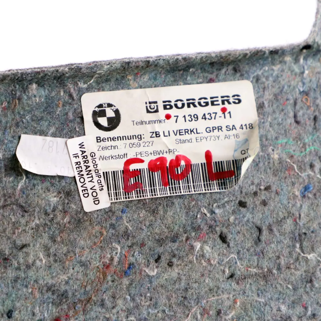 Boot Trunk Left N/S Lateral Trim Panel Cover Carpet Grey to BMW 3 E90 with Part number 7139437 BMW 3 E90 Boot Trunk Left N/S Lateral Trim Panel Cover Carpet Grey - SKU 7139437 - Part number 7139437