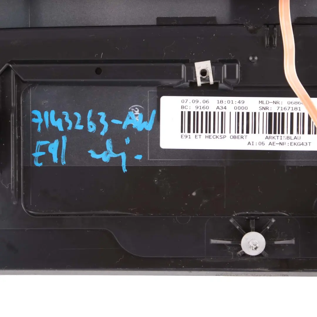 Spoiler BMW E91 Touring Boot Trunk Lid Arktis Arctic Metallic A34 to Rear with Part number 7143263 Rear Spoiler BMW E91 Touring Boot Trunk Lid Arktis Arctic Metallic A34 - SKU 7143263-AM1 - Part number 7143263