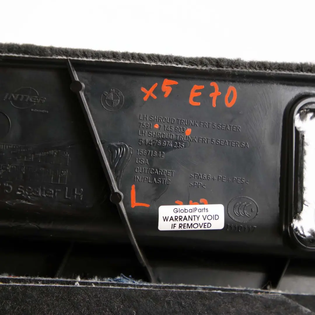 Trim Boot Side Panel Left Luggage Black 7145903 pour BMW X5 E70 à propos du numéro de pièce 7145985 BMW X5 E70 Trim Boot Side Panel Left Luggage Black 7145903 - SKU 7145985 - Numéro de pièce 7145985