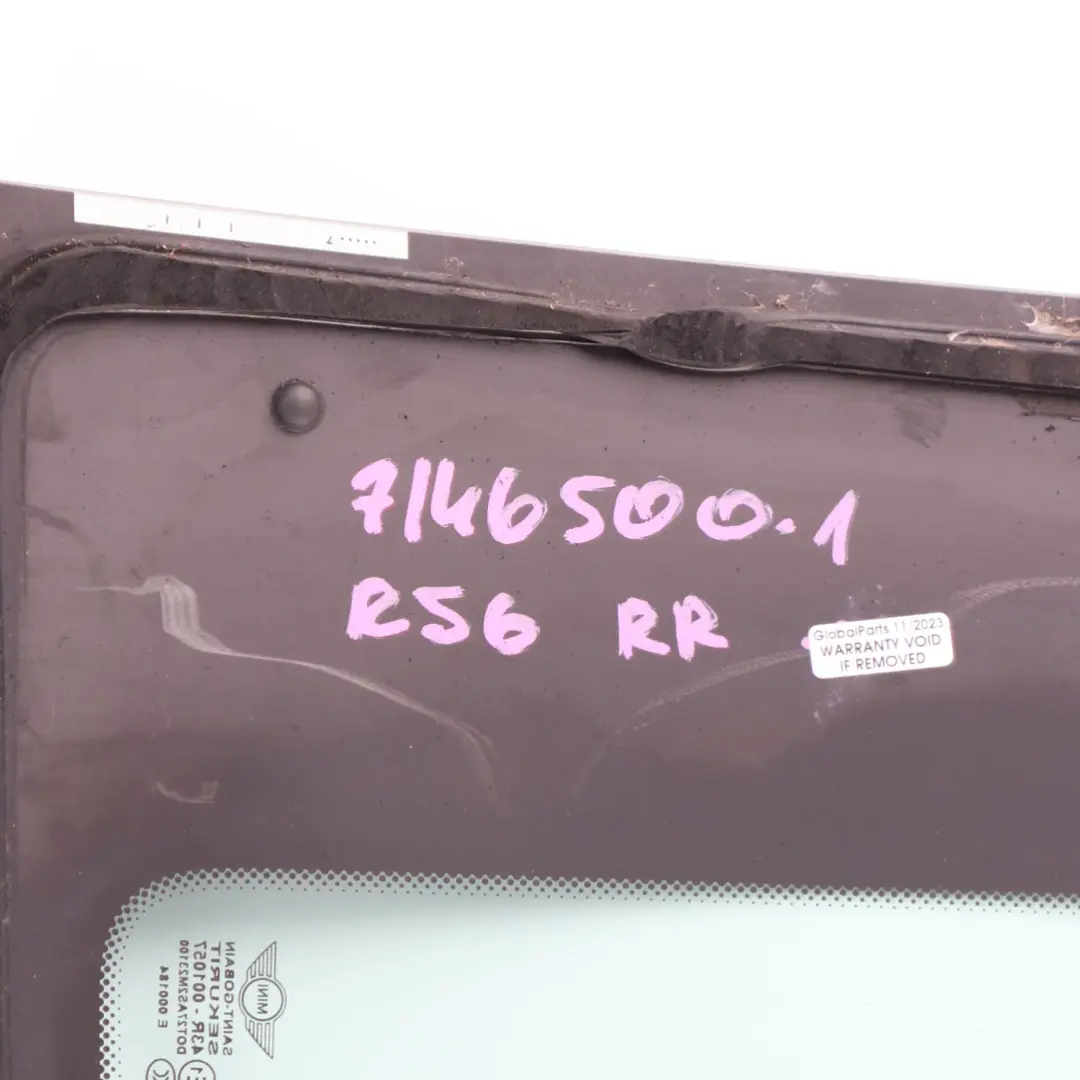 Mini R56 Quarter Side Window Glass Green Rear Right O/S AS2 Glazing - SKU 7146500-1 - Part number 51377146500