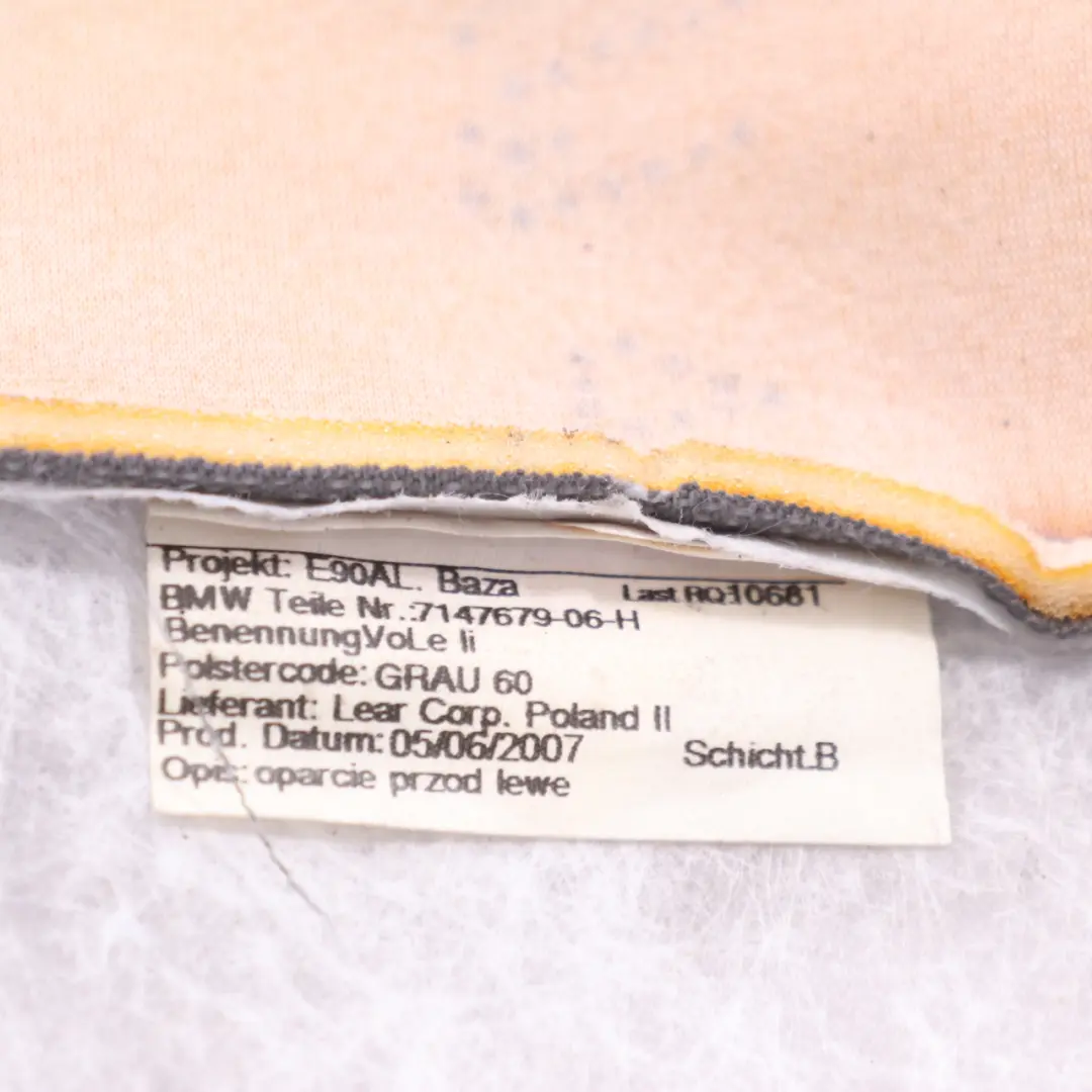 Dossier de siège BMW E90 E91 avant gauche Housse de siège tissu gris pour à propos du numéro de pièce 7147679 Dossier de siège BMW E90 E91 avant gauche Housse de siège tissu gris - SKU 7147679-3 - Numéro de pièce 7147679