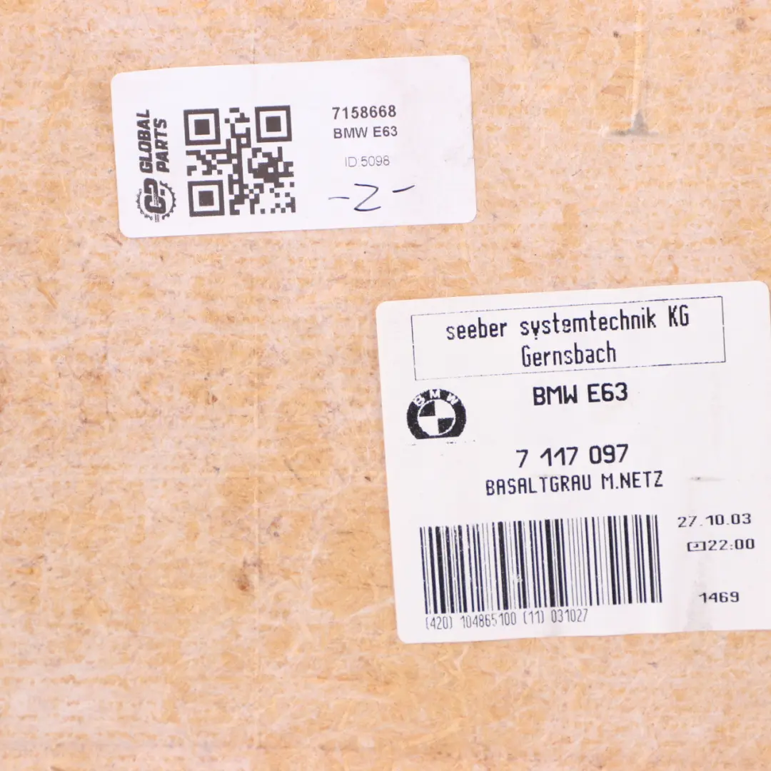 Trim Panel Mesh Pocket Bag Basalt Grey Leather 7117097 to BMW E63 Rear Cover with Part number 7158668 BMW E63 Rear Cover Trim Panel Mesh Pocket Bag Basalt Grey Leather 7117097 - SKU 7158668 - Part number 7158668