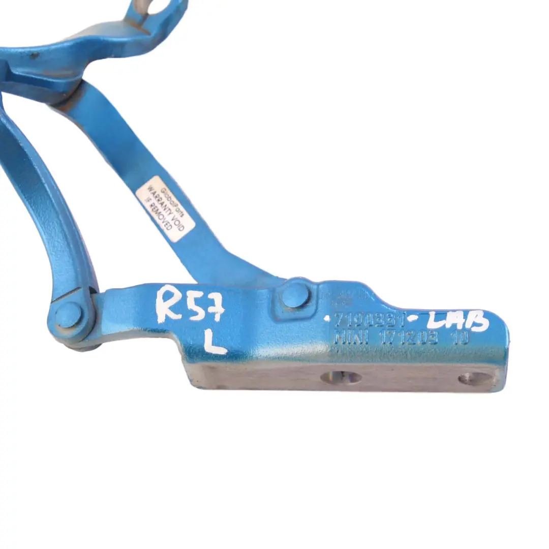 Charnière de coffre gauche Laser Blue A59 Bleu pour Mini Cabrio R57 à propos du numéro de pièce 7190331 Mini Cabrio R57 Charnière de coffre gauche Laser Blue A59 Bleu - SKU 7190331-LAB - Numéro de pièce 7190331
