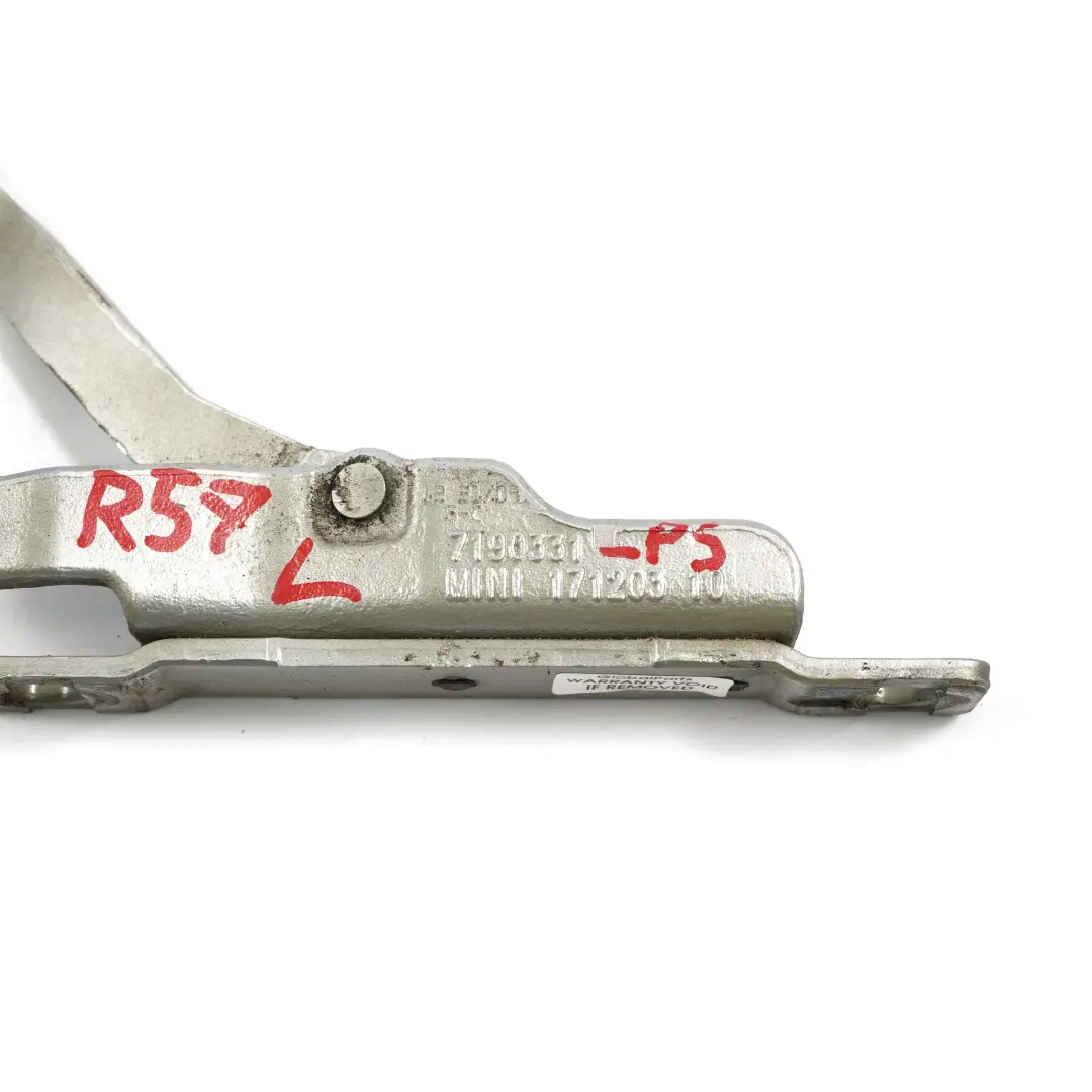 Boot Trunk Tailgate Hinge Left Pure Silver Metallic para Mini Cabrio R57 con número de pieza 7190331 Mini Cabrio R57 Boot Trunk Tailgate Hinge Left Pure Silver Metallic - SKU 7190331-PS - Número de pieza 7190331