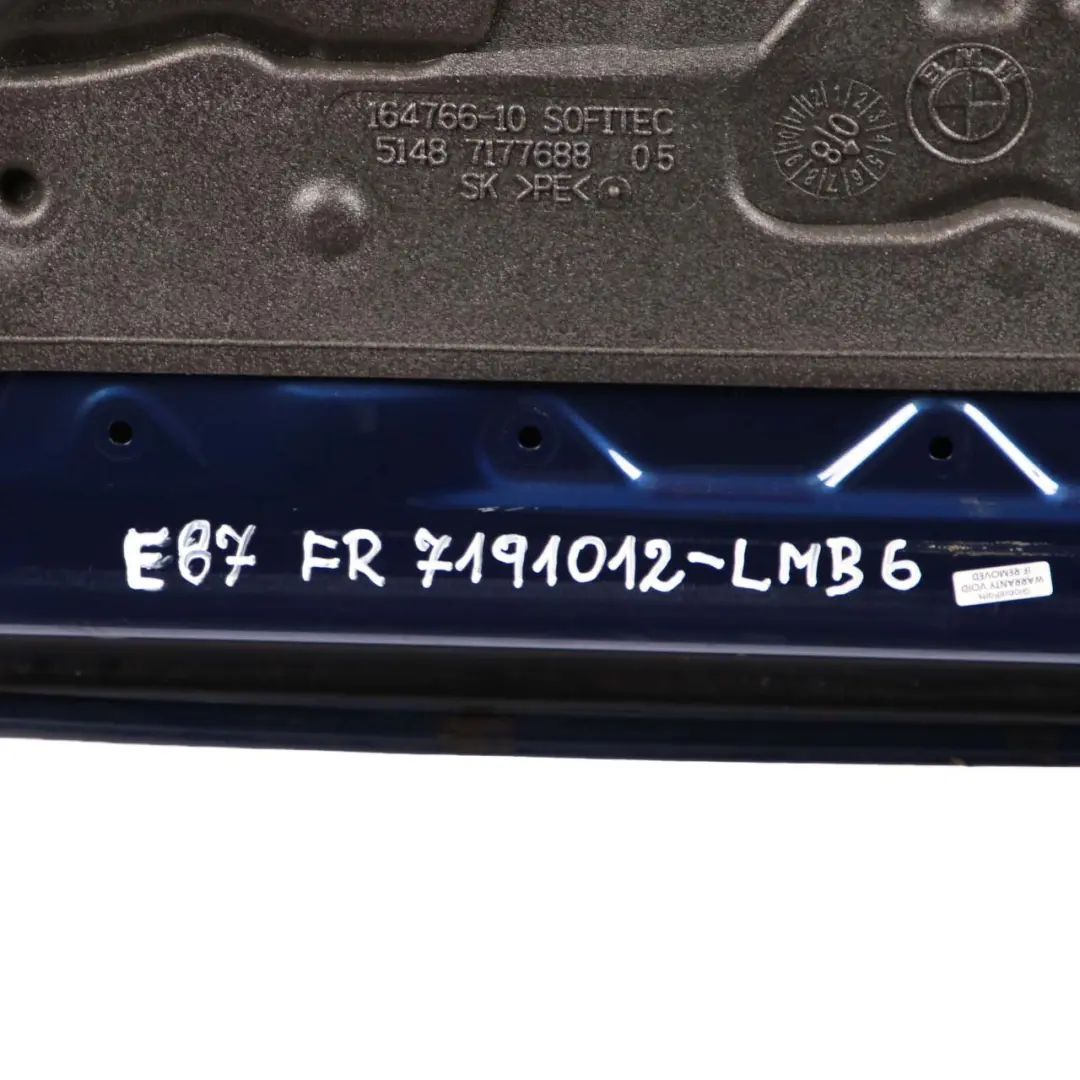 Door Front Right O/S Le Mans Blau Blue Metallic - 381 to BMW 1 Series E87 6 with Part number 7191012 BMW 1 Series E87 6 Door Front Right O/S Le Mans Blau Blue Metallic - 381 - SKU 7191012-LMB6 - Part number 7191012