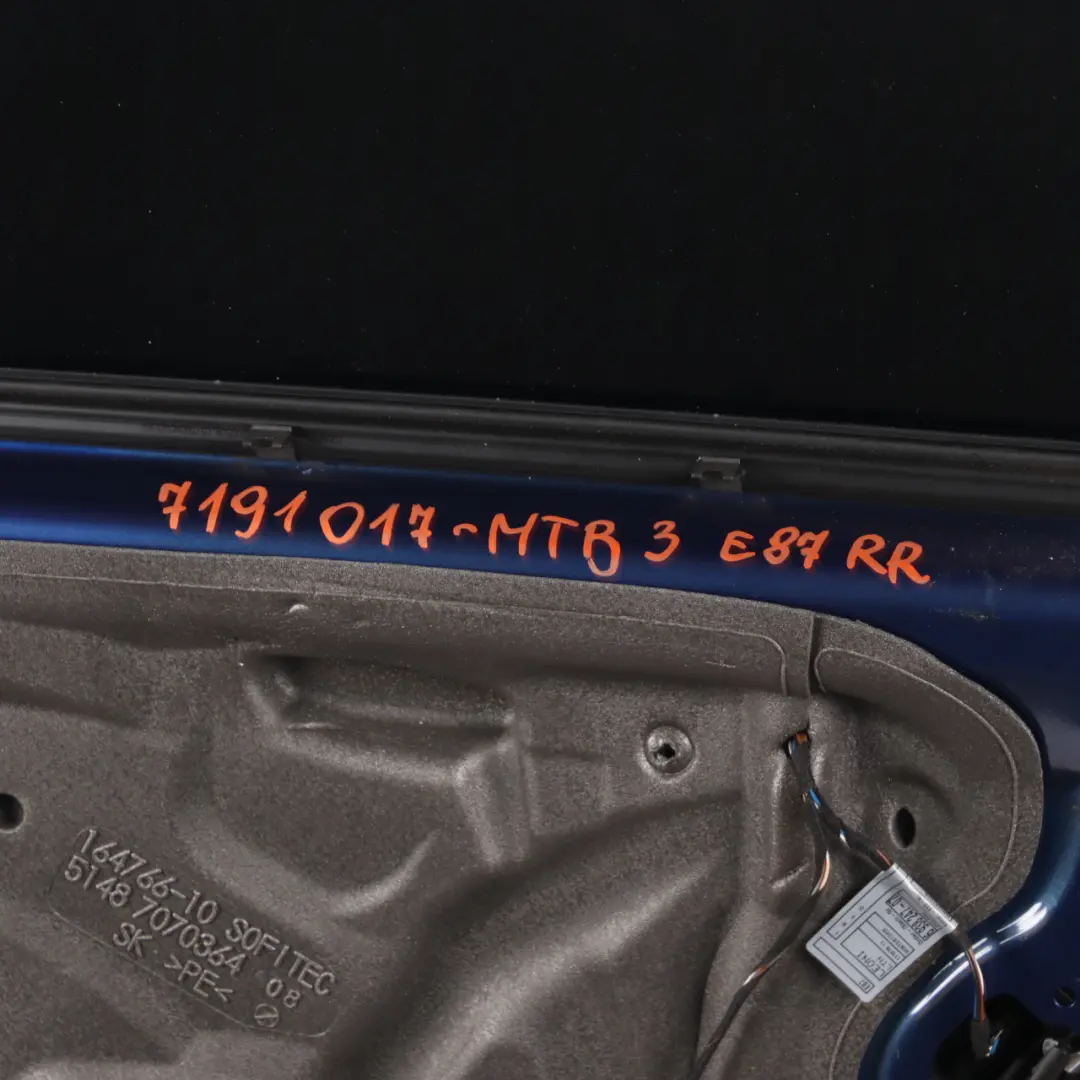 Door Rear Right O/S Montegoblau Montego Blue Metallic - A51 to BMW E87 E87N with Part number 41527191018 BMW E87 E87N Door Rear Right O/S Montegoblau Montego Blue Metallic - A51 - SKU 7191018-MTB3 - Part number 41527191018