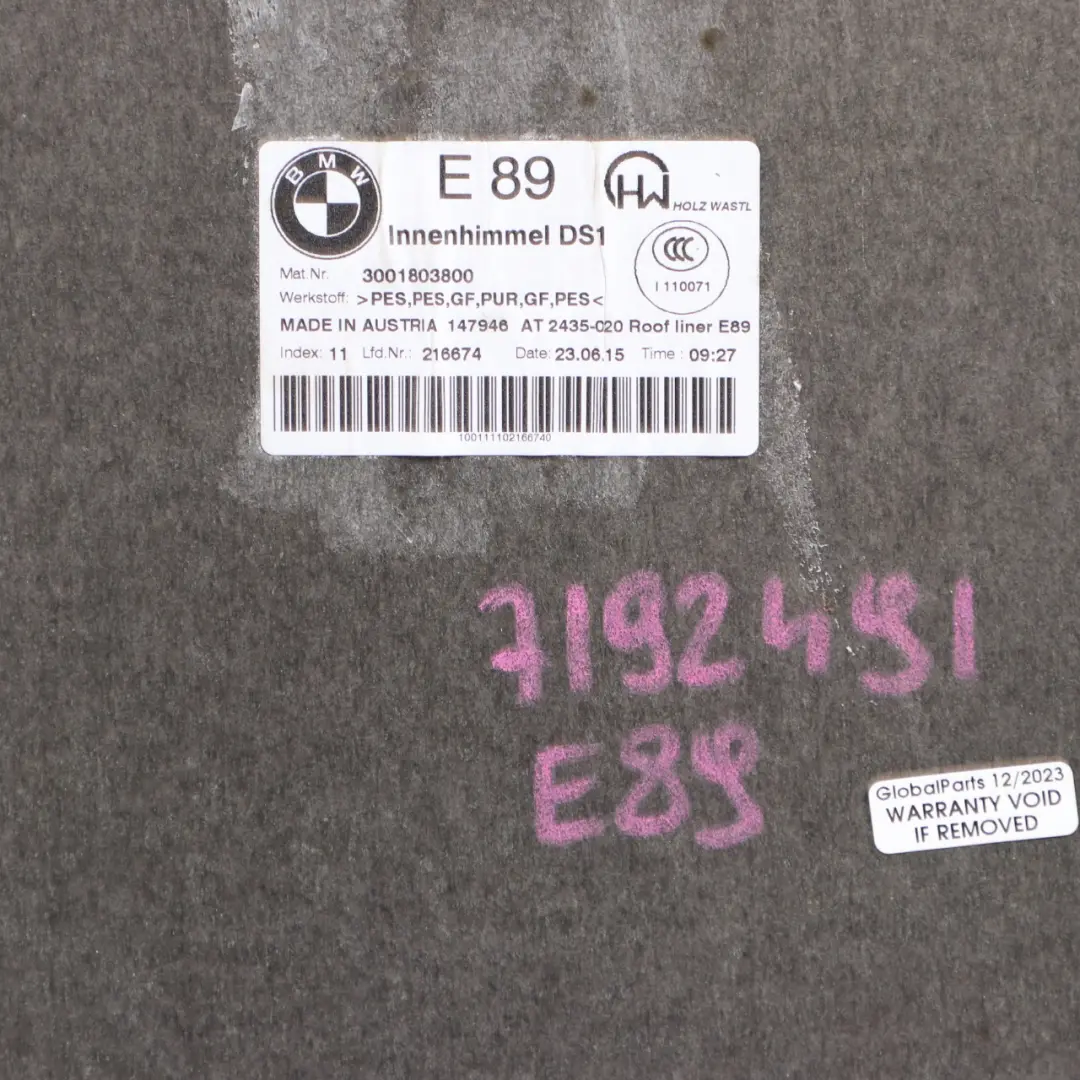 Techo Rígido Delantero Techo Shell Headlining Roofliner Antracita para BMW Z4 E89 con número de pieza 7192491 BMW Z4 E89 Techo Rígido Delantero Techo Shell Headlining Roofliner Antracita - SKU 7192491 - Número de pieza 7192491