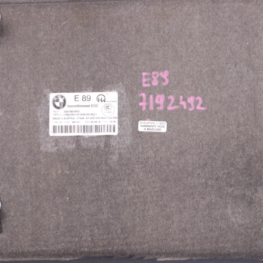 BMW Z4 E89 Hardtop Rear Roof Shell Headlining Roofliner Cover Anthracite - SKU 7192492 - Part number 7192492