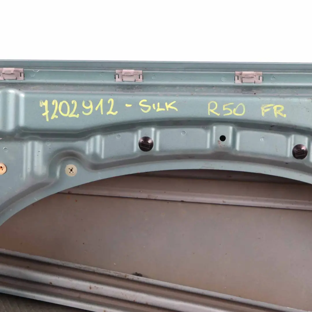 Front Door Mini R50 R52 R53 Cooper Right O/S Panel Silk Green Metallic - 901 to with Part number 7202912 Front Door Mini R50 R52 R53 Cooper Right O/S Panel Silk Green Metallic - 901 - SKU 7202912-SILK - Part number 7202912