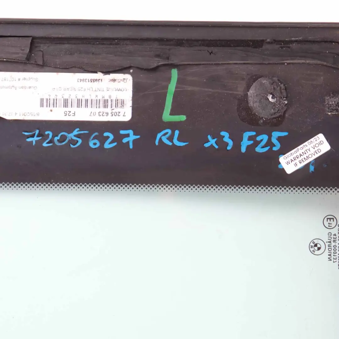 BMW X3 F25 Szyba Boczna Karoseryjna Lewy Tył Lewa Tylna Zielona AS2 - SKU 7205627 - Numer Części 7205627